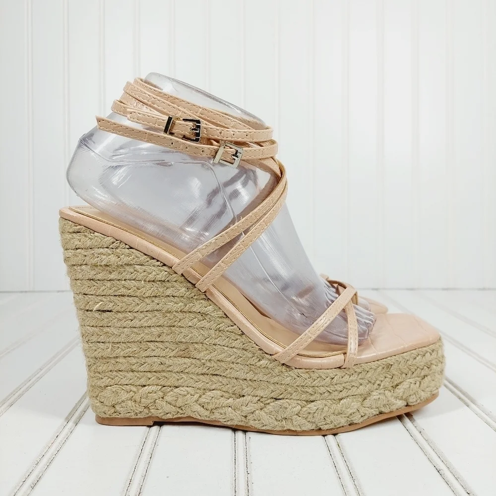 NEW Simmi Fabiana Nude Faux Croc Print Strappy Buckle Wedge Summer Sandals I547